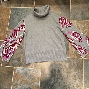CAbi Gray Sweater with Pink Patterned Sleeves